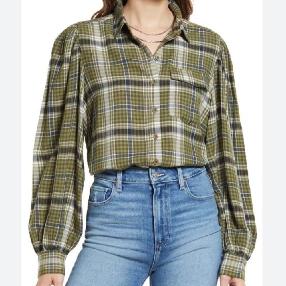 TREASURE & BOND Plaid Puff Shoulder Button-Up Top